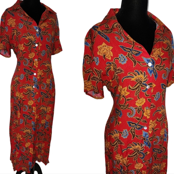 Vintage red floral buttondown dress - Picture 1 of 8